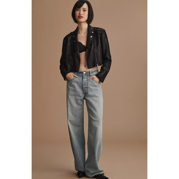NWT Anthropologie Sequin Cropped Black Moto Jacket - Large - Picture 3 of 5